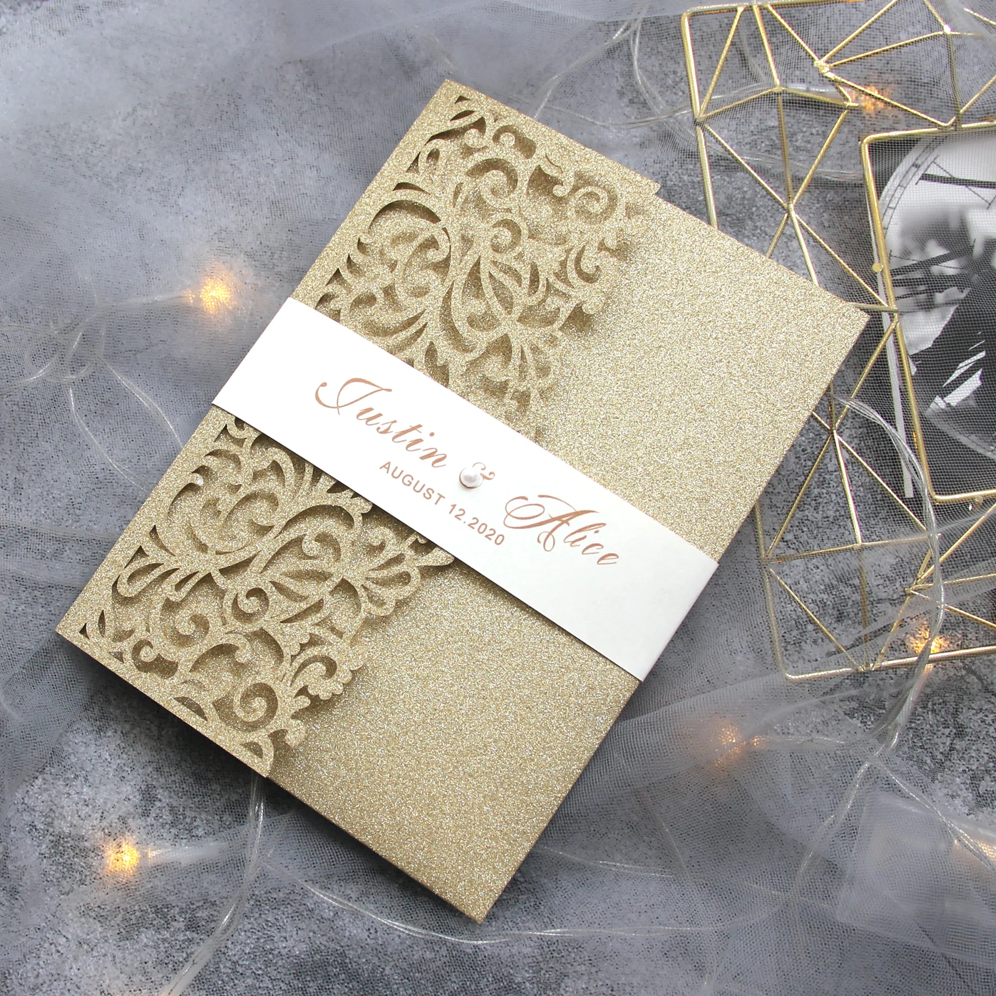 Laser Cut Wedding Invitations Cards, Printed Custom, Glittery, Set with RSVP Envelop, Belted Band, tri-fold Pocket, Invitation