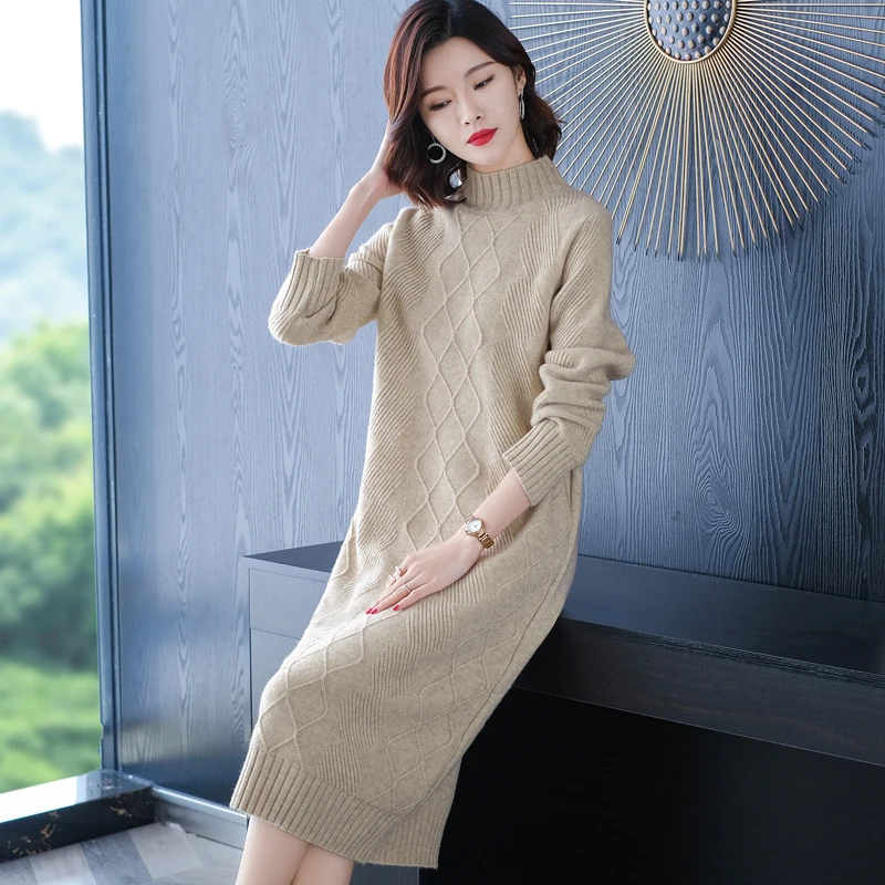 

Women Dress Autumn Winter Thick Sweater Elegant Argyle Knit Dress Ladies Pullover Long Sweaters