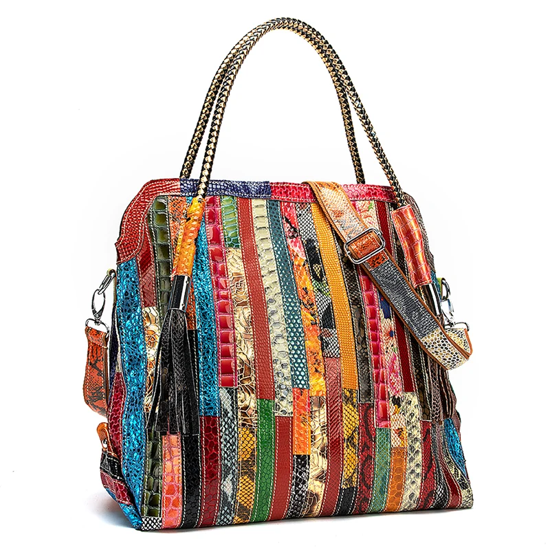 Bolsa de ombro remendos luxuosa para mulheres, bolsa de compras grande, couro original macio, multicolorido, sacola de design feminino, 445