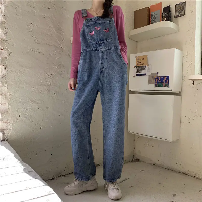 Jumpsuit Wanita Chic Kupu-kupu Bordir Korea Retro Denim Lurus Pinggang Tinggi Pakaian Wanita Saku Trendi Gadis Streetwear