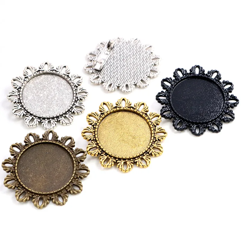 

New Fashion 5pcs 25mm Inner Size 4 Colors Plated Flower Brooch Cameo Cabochon Base Setting Charm Pendant