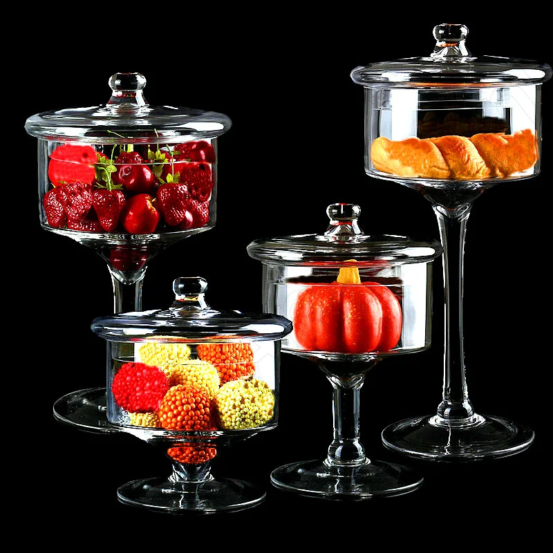 

Nordic Transparent Glass Bottle Creativity Modern Tall Feet Cake Dessert Display Rack Candy Wedding Snacks Storage Jars with Lid