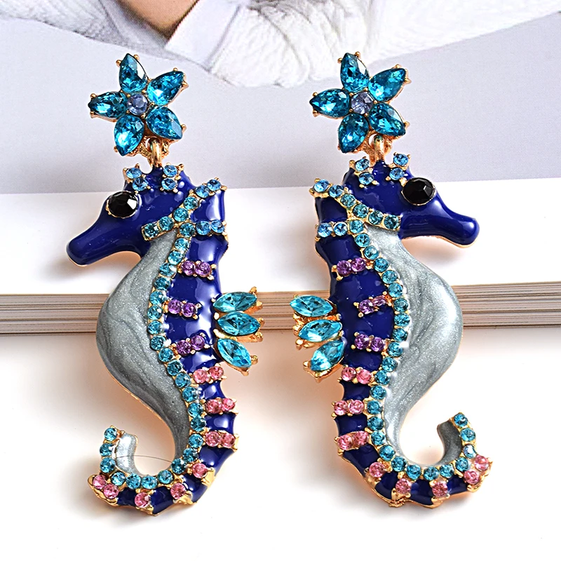 New design Long Seahorse shaped earrings High-quality Metal oiled crystals Drop earring Fashion Jewelry Accessories For Women