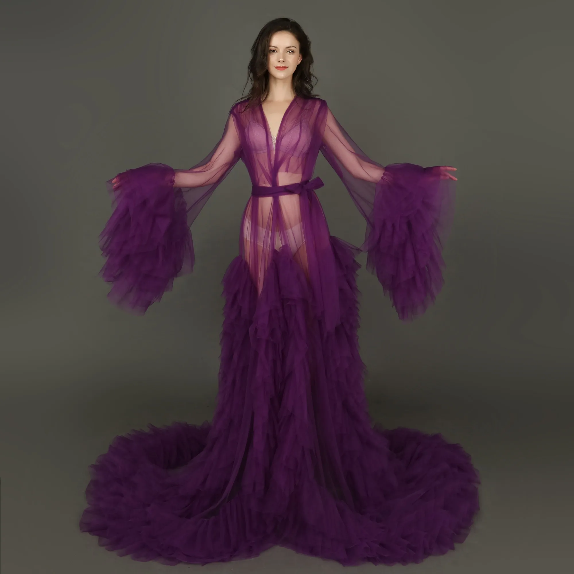 Robe de soirée violette élégante, tenue de séance Photo, à manches longues, à volants, pour fête prénatale, photos réelles