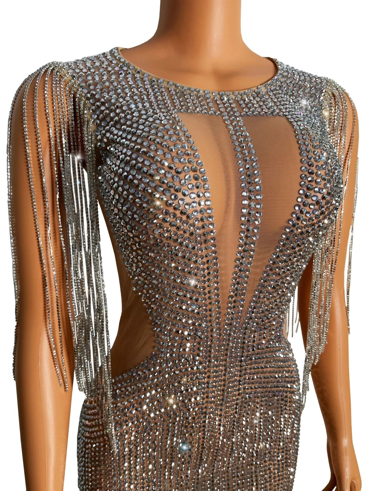 Chain Shoulder Outfit Bling Silver Stones Fringe Mesh Dress Birthday Celebrate Wear Evening Female Singer mini Dress