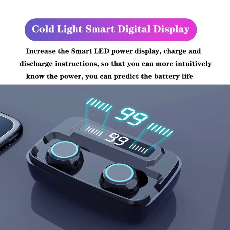 블루투스 V5.0 TWS 무선 이어버드 이어폰, 터치 컨트롤 LED 디지털 디스플레이 스테레오 스포츠 무선 헤드폰 3300mAh 전화