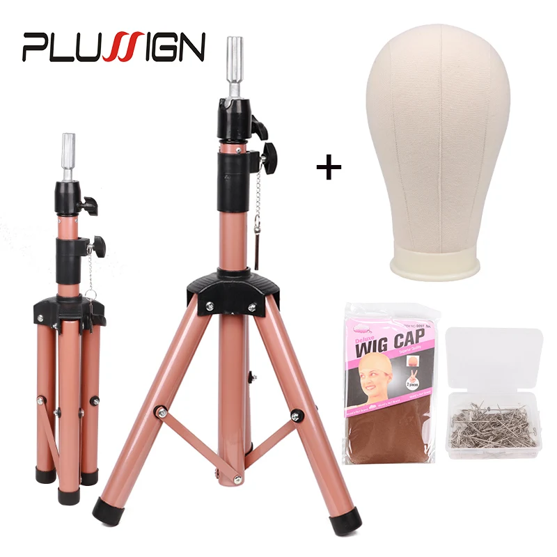 Plussign Pink Tripod Wig Stand With Mannequin Head 21 22 23 24 25Inch Wig Canvas Block Head With 50Pcs T Pins 2Pcs Stocking Caps