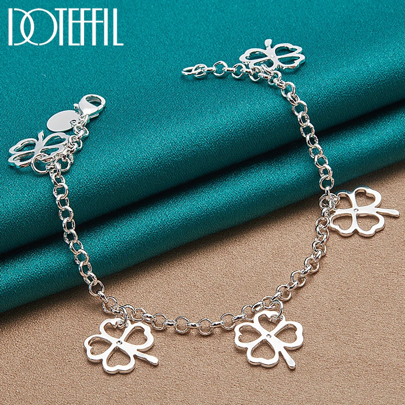 

DOTEFFIL 925 Sterling Silver 24K Gold Five Lucky Clover Flower Pendant Bracelet Chain For Woman Wedding Engagement Charm Jewelry