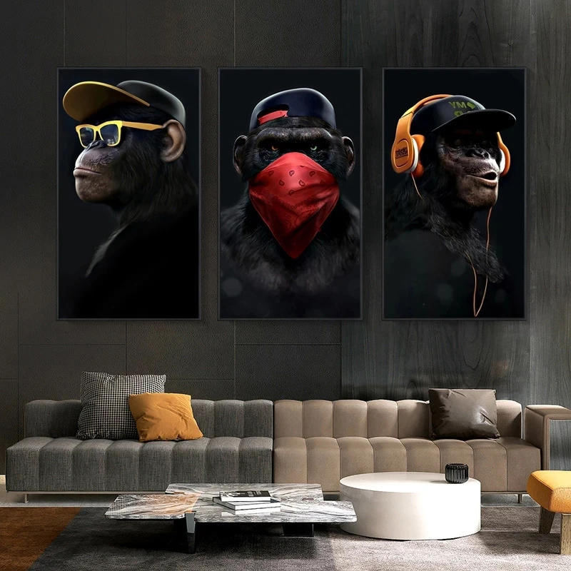 Canvas Painting Funny Animal Gorilla Hip-hop Monkey with Glasses Headset Art Posters and Pictures for Living Room Decoration