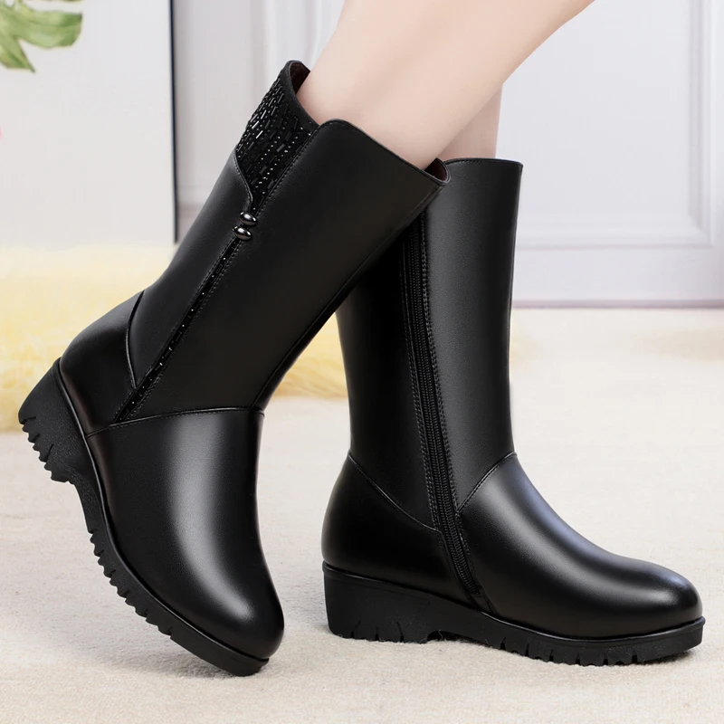 GKTINOO 2024 New Winter Cow Leather Boots For Women Shoes Wedges Inside Plush Wool Snow Boots Plus Size In-tube Boot Women Boots