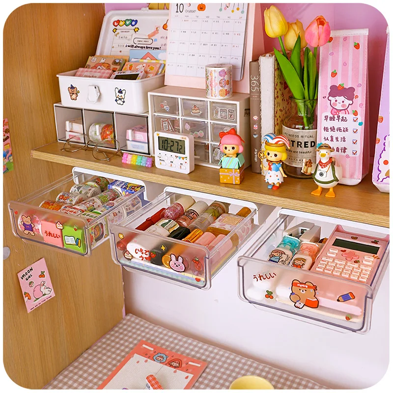 Kawaii desk drawer storage box desk storage ins simple learning office desk invisible rack stationary organizer desk storage