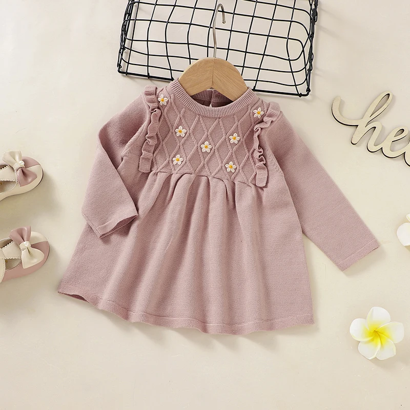 Baby Sweater Dress Long Sleeve Autumn Newborn Girl Skirt Solid Knitted Toddler Infant Clothes Cute Floret One Piece Overall Robe