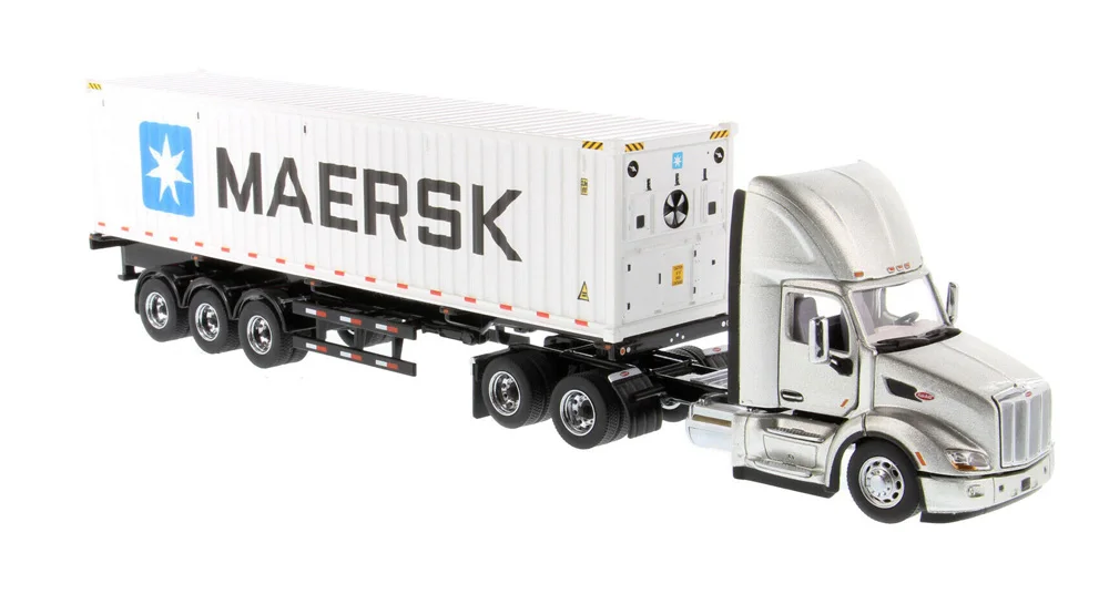 New 1/50 Scale Peterbilt 579 Day Cab Tractor in Legendary Silver with MaeRrsk 40\' Refrigerated Sea Container Diecast 71069