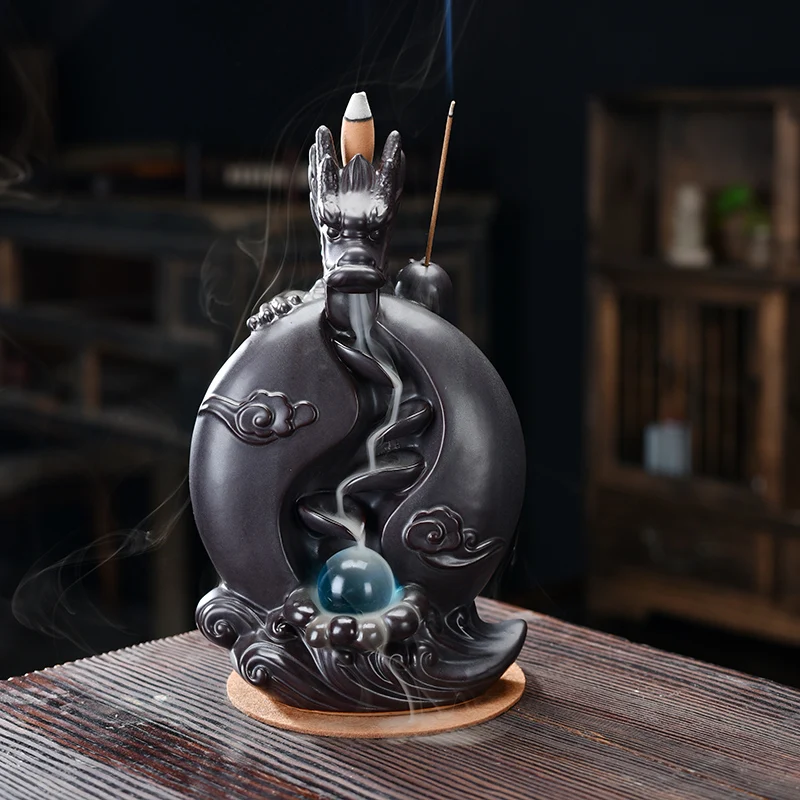 Ceramic  Dragon Backflow Incense Burner Creative Home Decor Smoke Waterfall Incense Burner Holder Censer With Lucky Crystal Ball