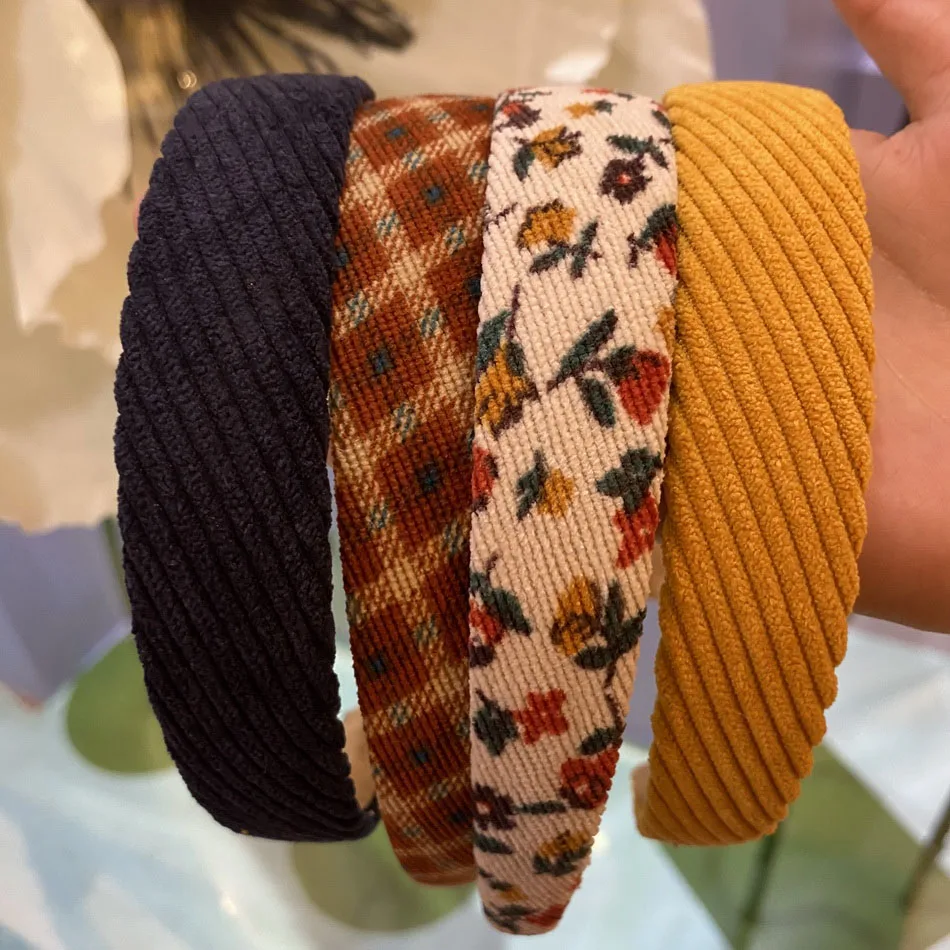 Vintage Printed Corduroy Headbands For women Designer Plaid Hairband Girl Black Hair Bands Wraps Elegant Head Bands Accessories