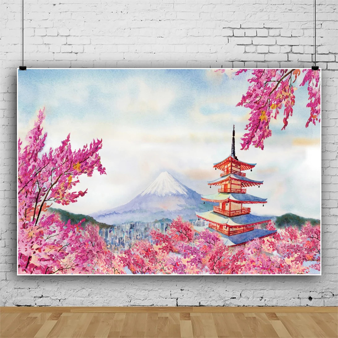 Laeacco monte fuji flor de cerejeira chureito pagode ano novo decoração do quarto pano de fundo foto fotográfica para estúdio foto