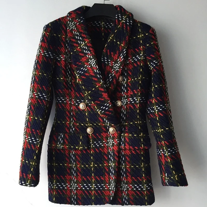 Quality High Women Colorful Checkered Jacket Double Breasted Turn Down Collar Outerwear Coat Slim Fit Tweed Jacket Plaid Coat