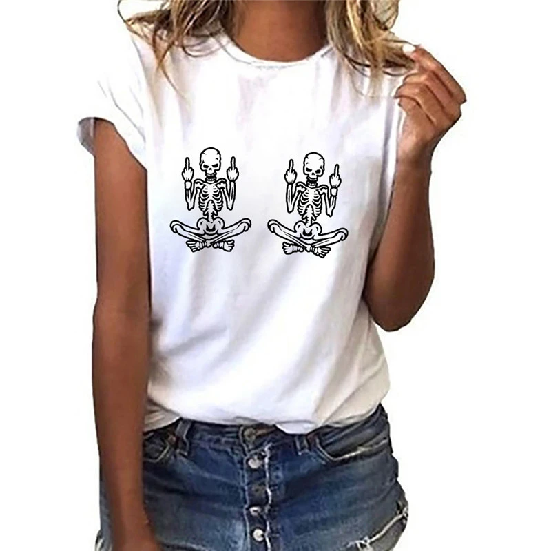 Women t shirt 2022 Summer Skull Middle Finger harajuku Print ladies Tshirts Short Sleeve Casual Streetwear Tee Shirt femme