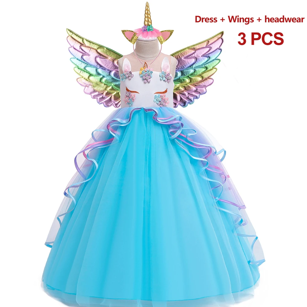 Kids Unicorn Dress For Girls Flower Appliques Princess Dresses Children Wedding Birthday Party Costume Evening Formal Gown - view 4