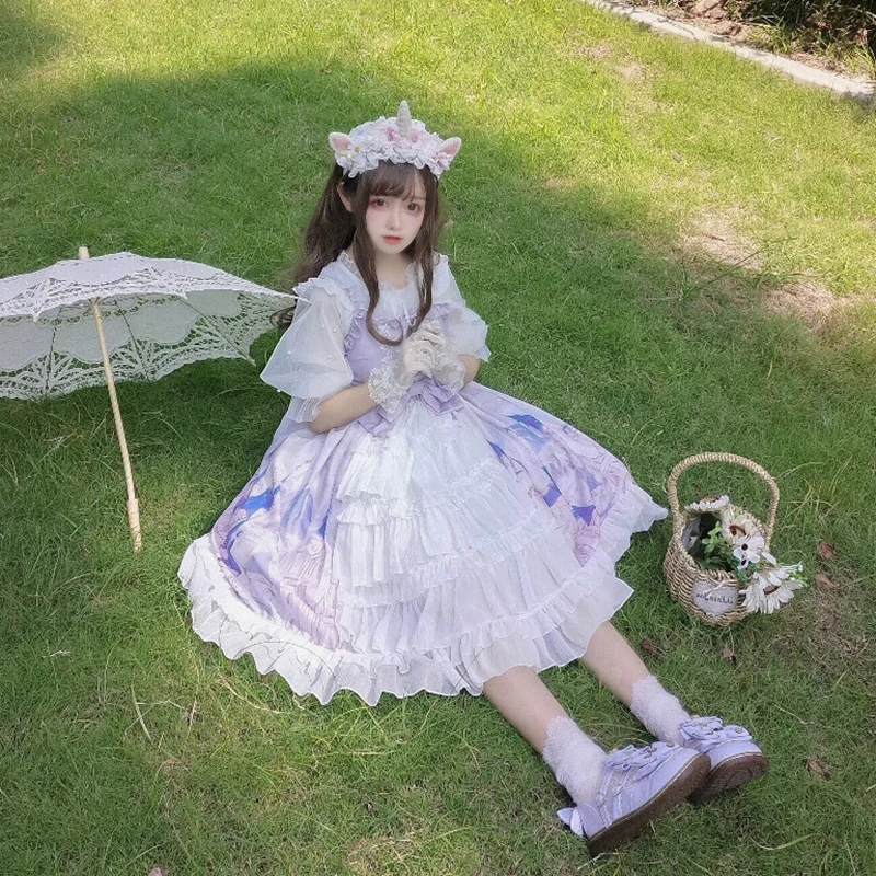 Vestido japonês Lolita JSK para mulheres, babados doces kawaii, sem mangas de fadas, vestidos de noiva princesa para meninas, lindo vestido de festa