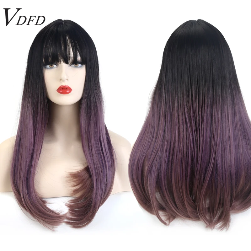 

VDFD Long Purple Ombre Straight Wig with Bangs Natural Synthetic Cosplay Hair for Women Daily Heat Friendly