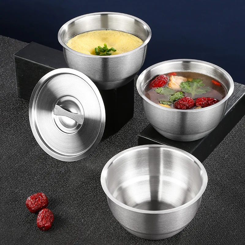 304 Stainless Steel Steamed Egg Bowl With Lids Kitchen Tableware Fruit Salad Dessert Soup Bowl Food Container Rice Noodles Bowl