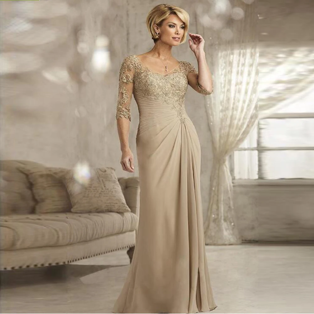 2020 neue Elegante Champagner Chiffon V-ausschnitt Mutter der Braut Kleider Mit Drei Viertel Ärmeln Hochzeit Party Kleider Spitze