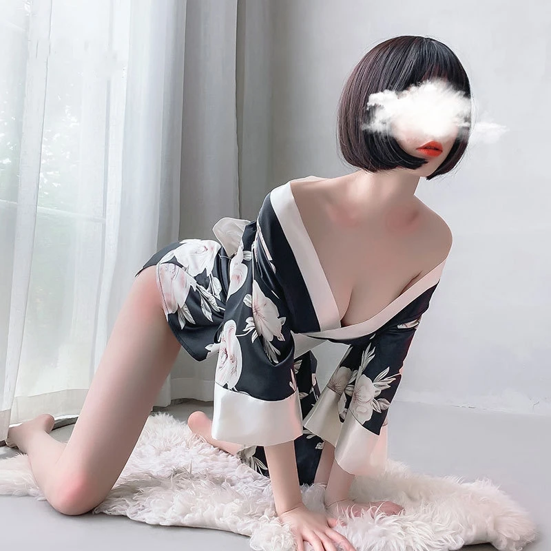 Japanese Style Kimono Cardigan Yukata Women Sexy Lingerie Floral Print Haori Silk Sleepwear Leisure Wear Pajamas Dress with Obi