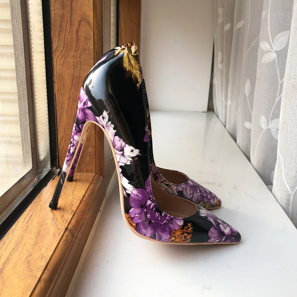 Tikicup stampa floreale viola donna vernice lucida punta a punta 8-12cm scarpe tacco alto Chic Stiletto floreale pompe misura grande 43 44 45