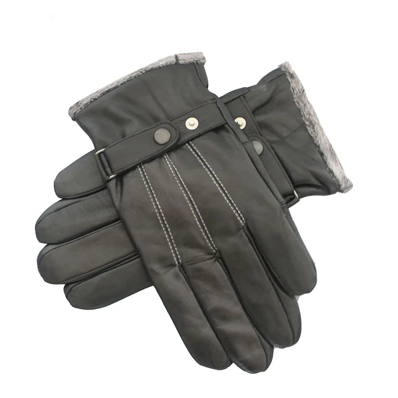 Guantes cálidos de cuero genuino para hombre, manoplas de conducción con dedos a la moda, de piel de oveja para exteriores, color negro, invierno,