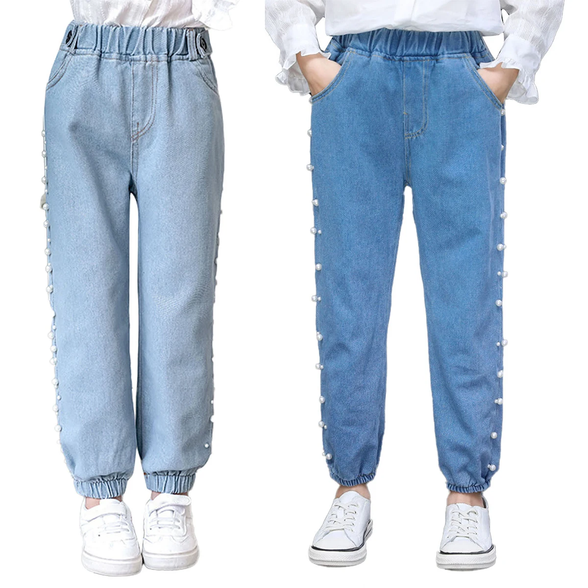 

New Fashion Jeans For Teenage Girls Elastic Waistband Beads Denim Pants Kids Jeans Trousers Girls Clothes Children Long Pants