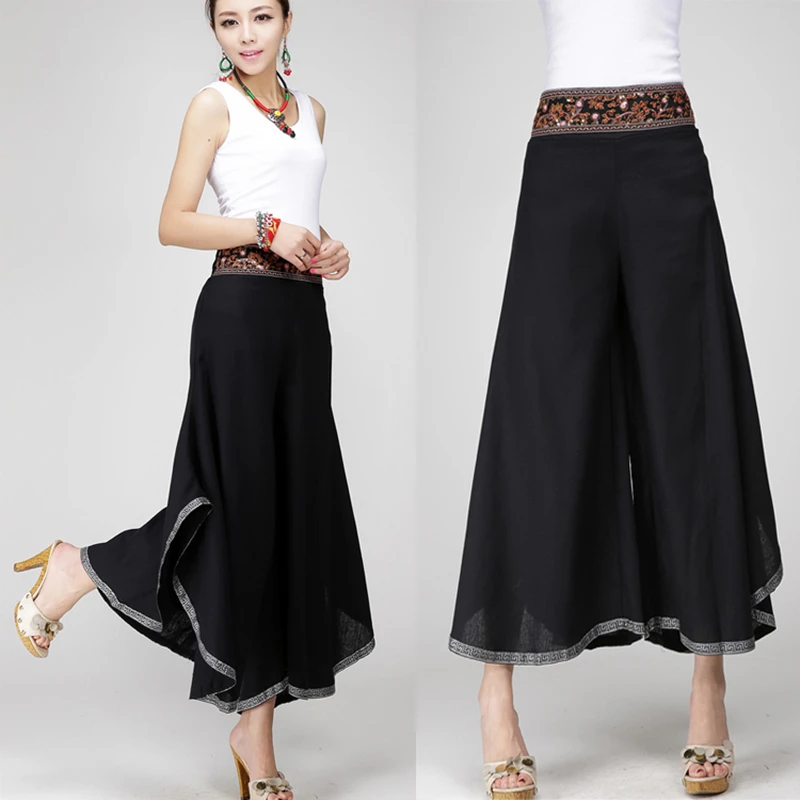 Summer national style embroidered cotton linen pants trousers women loose wide leg pants skirt pants bohemian flared pants women