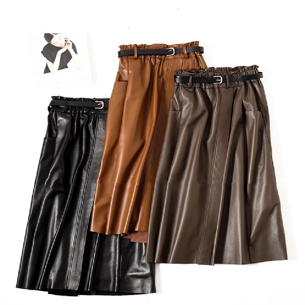 Spring Autumn OL High-rise Leather Skirts New Designer Women's Sheepskin Genuine Leather Belt A-line Skirt C476