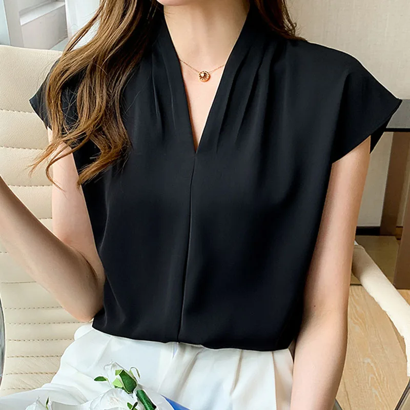 2022 New Summer V-neck Shirt Fashion Black Simple Women Blouses and Tops Ladies Elegant Spliced Chiffon White Blusas Female 0623