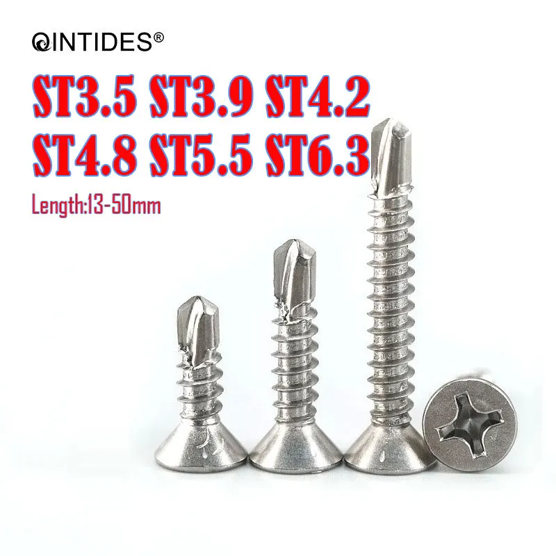 

QINTIDES 100/1000Pcs Cross Recessed Countersunk Head Self-drilling Tapping Screws ST3.5-ST6.3 Stainless Steel Drilling Screw