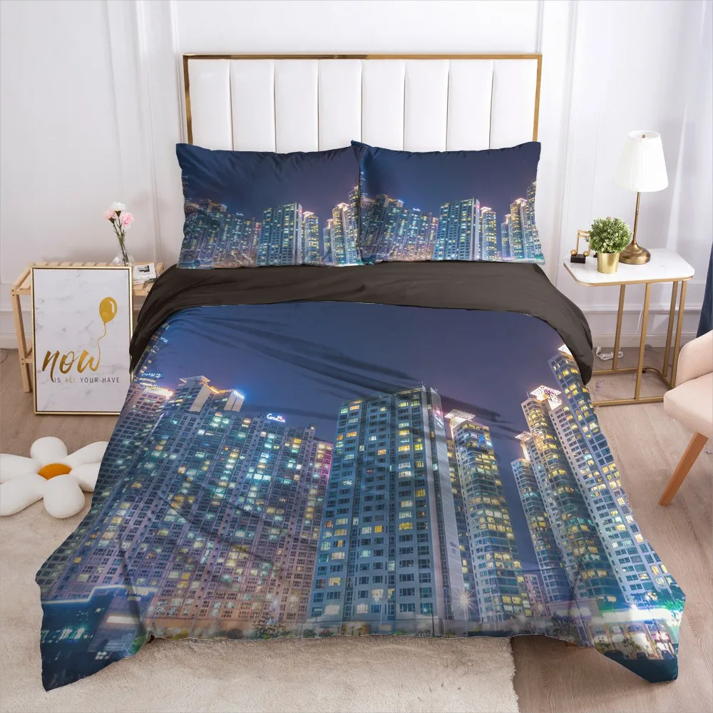 3D Design Duvet Cover Sets Bedding Set 3pcs Black Quilt Covers Blanket Case Bed Linens City Views King Queen Size Bedclothes