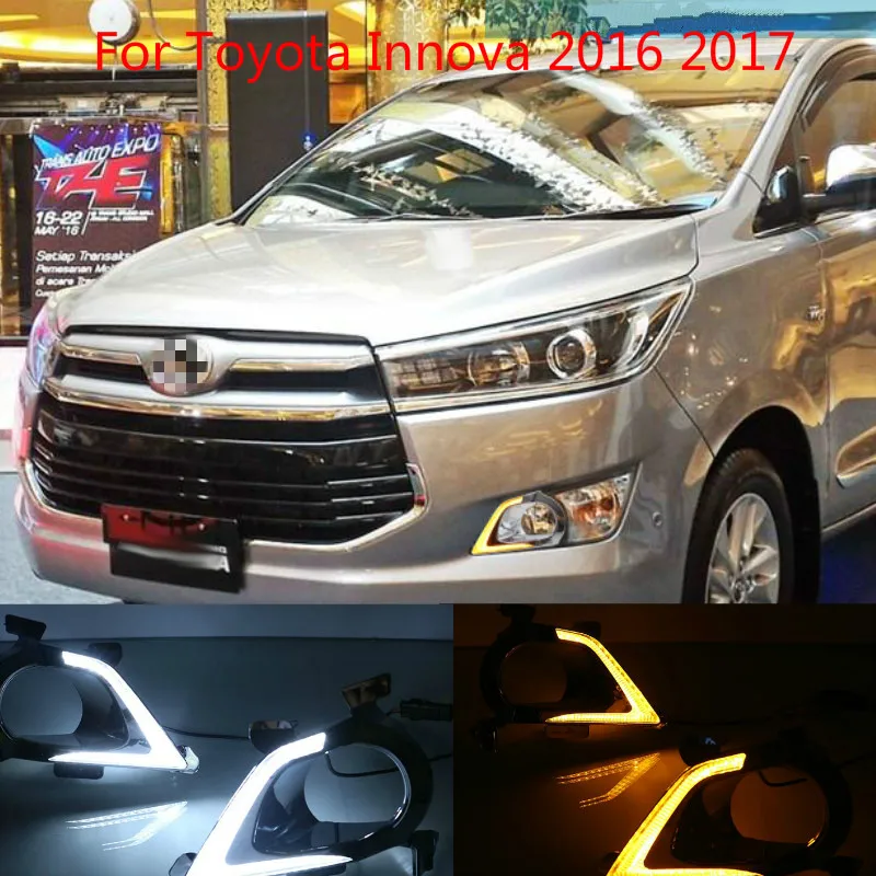 

2 шт. автомобиля светодиодный DRL для Toyota Innova 2016 2017 ксенон белый DRL Противотуманные лампы дневного света светильник с желтым сигналом поворота Функция