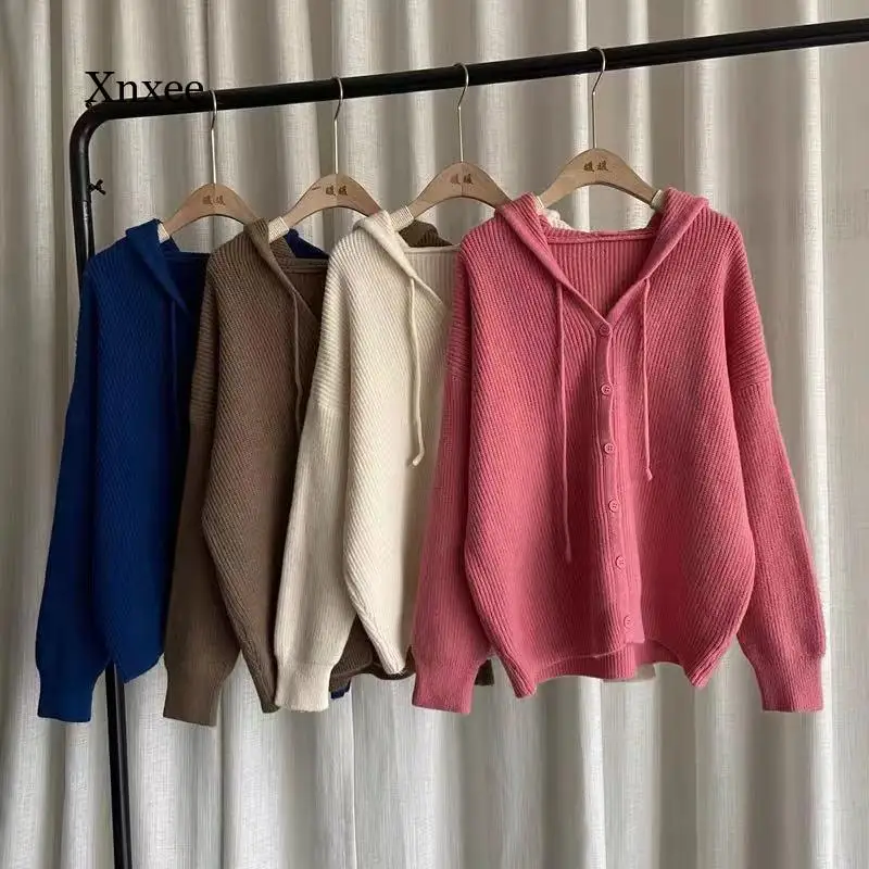 Women Sweater Cardigan Hooded Knitted Solid Winter New Long-Sleeved Loose Casual All Match Female Outwear Coats Tops 2021