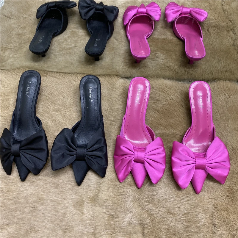 2021 Spring Pointed Toe Stiletto Heel Kitten Heels Bow Heel-Free Slippers for Women