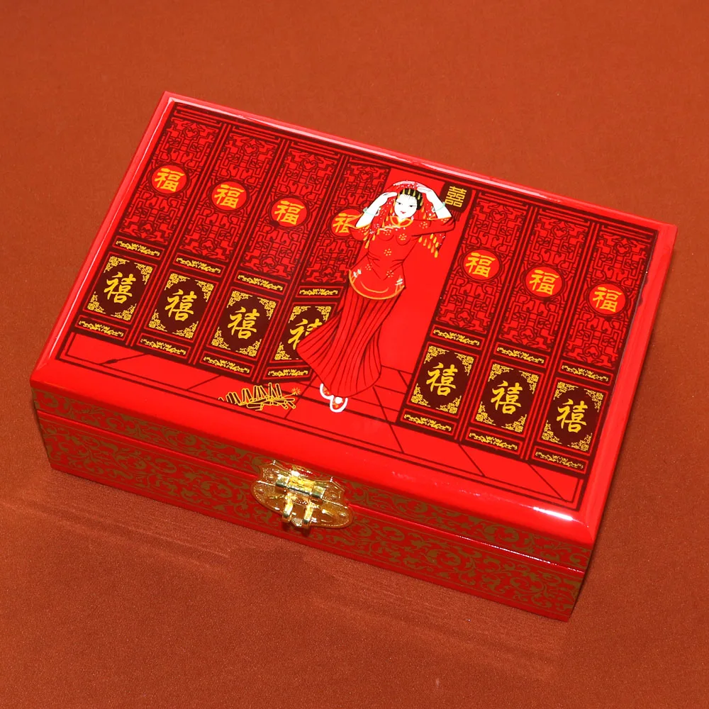 

China Pingyao hand push light lacquer Dressing wooden box double-deck Chinese lacquerware jewelry casket Cosmetic case