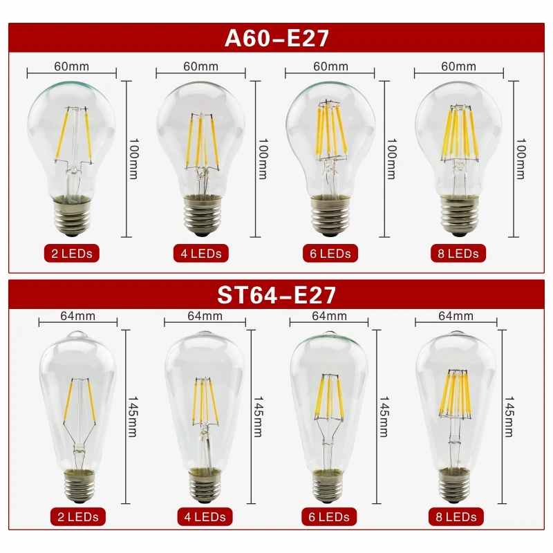 6pcs/lot E27 E14 Retro Edison LED Filament Bulb Lamp AC 220V-240V C35 G45 A60 ST64 G80 G95 G125 Glass Bulb Vintage Candle Light