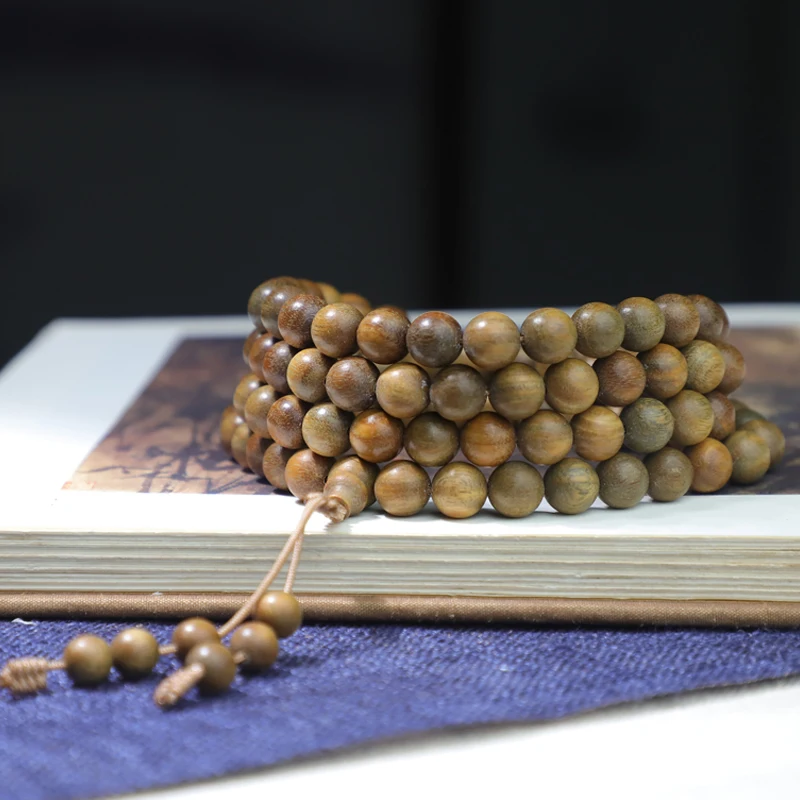Rosenkranz aus natürlichen Sandelholzperlen, grün, 108 Stück, Halskette, 8 mm, verstellbares Armband, buddhistisches Gebet, Yoga, Holzperlen – Detail 2