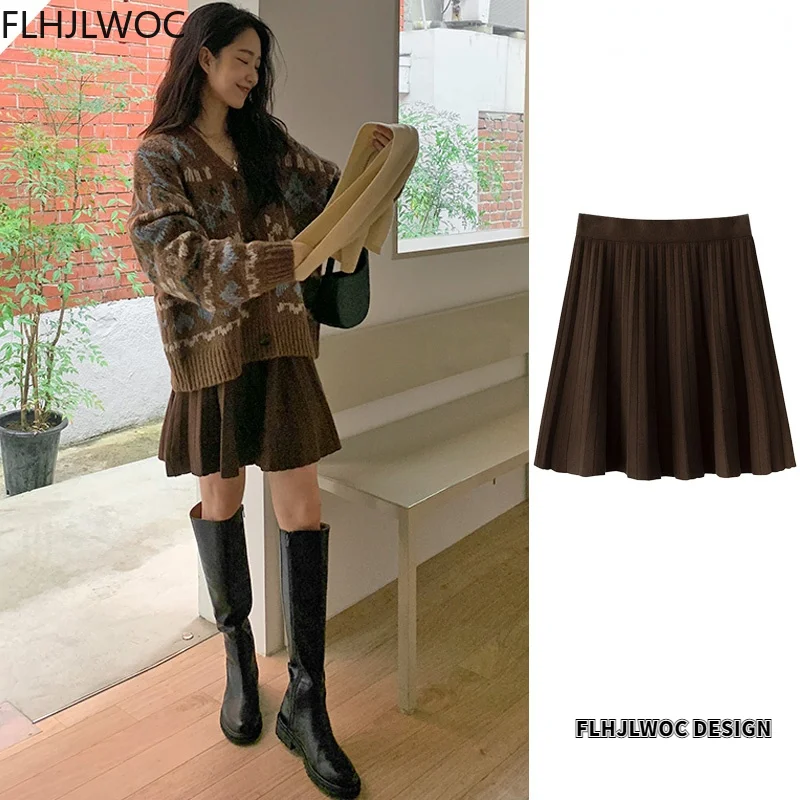 Hot Sales High Waist Knitted Sweater Skirts Cute Sweet Girls Date Black Brown Pleated A Line Skirt