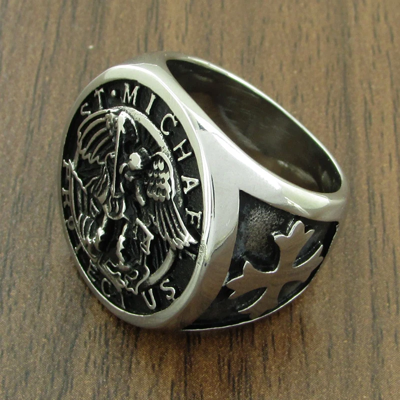 Vintage 316L Stainless Steel Archangel ST.MICHAEL PROTECT US Ring Religious Legend Cross Ring Jewelry