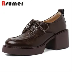 ASUMER 2022 Black Loafer Women Pumps Genuine Leather Shoes Lace Up Round Toe Spring Autumn High Heels Platform Shoes Woman