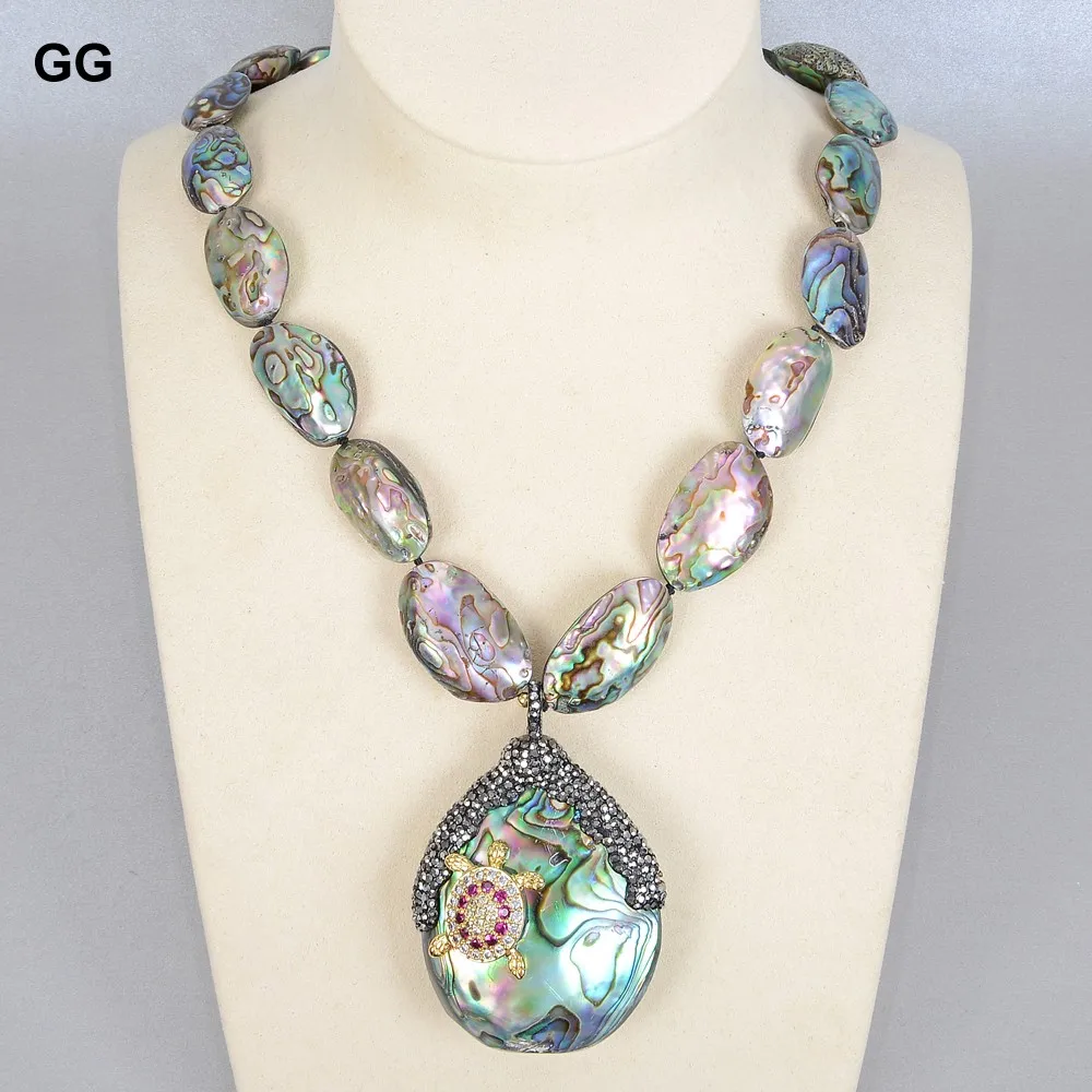 

GG 19'' Narural Oval Abalone Shell Chocker Necklace CZ Tortoise Zircon Paved Pendant For Women