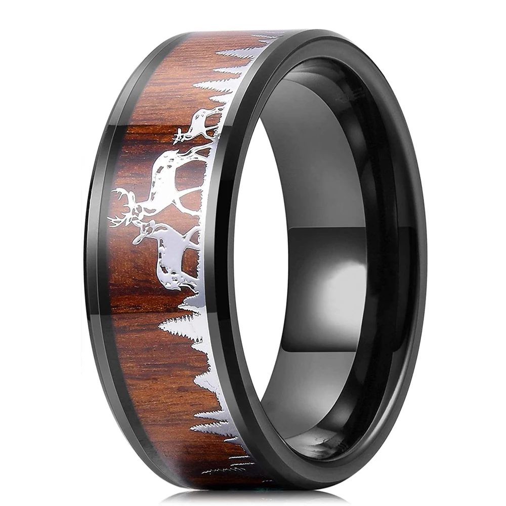 2023 Fashion 8mm Men Black Titanium Wild Life Hunting Ring Koa Wood Inlay Deer Family Silhouette Steel Ring Men Wedding Band