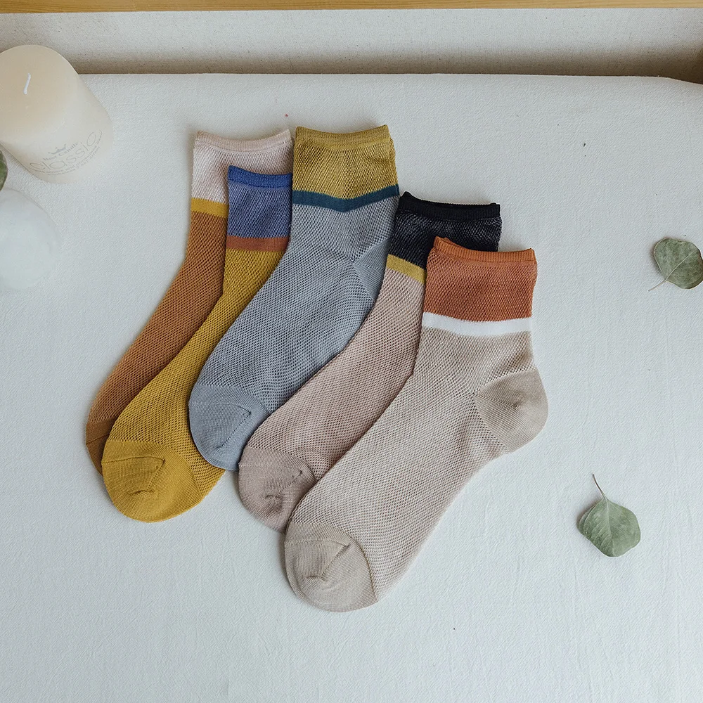 Chaussettes en coton colorées pour femmes, maille respirante, confortable à rayures, collection printemps et été, 5 paires/lot