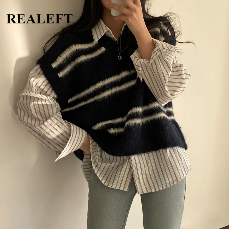 REALEFT 2021 New Stripe Knitted Vest Sweaters for Women Korean Style V Neck Sleeveless Casual Loose Women's Knitting Tops Female