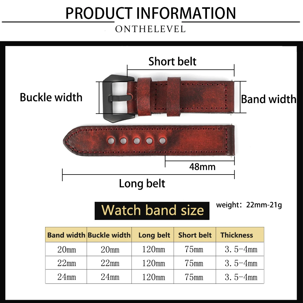 Cowhide Watch Strap Vintage Genuine Leather 20mm 22mm 24mm Black Red Women Men Fashion Watch Band Strap Belt With Black Buckle